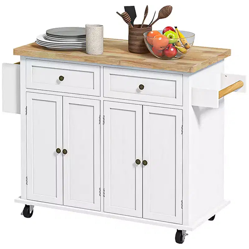 Îlot de cuisine sur roulettes, Desserte roulante avec plateau en bois d'hévéa, Étagère à épices, Porte-serviettes et Tiroirs pour salle à manger