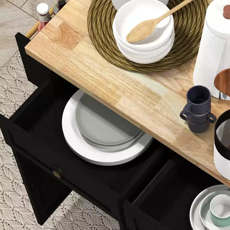 Îlot de cuisine sur roulettes, Desserte roulante avec plateau en bois d'hévéa, Étagère à épices, Porte-serviettes et Tiroirs pour salle à manger