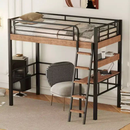 Space-Saving Black Metal Twin Loft Bed: Desk, Storage and Ladder