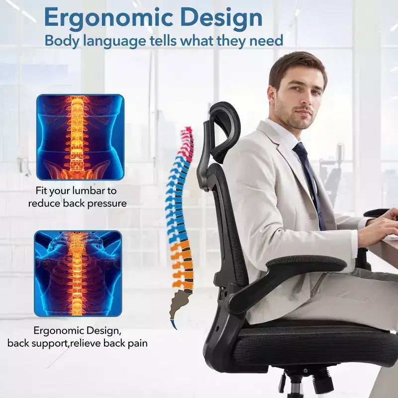 Chaise de bureau ergonomique en maille avec soutien lombaire réglable, accoudoirs relevables, appui-tête, capacité de 136 kg, pour bureau à domicile ou télétravail