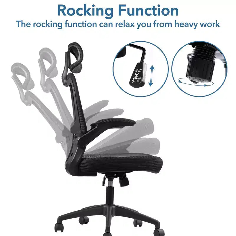 Chaise de bureau ergonomique en maille avec soutien lombaire réglable, accoudoirs relevables, appui-tête, capacité de 136 kg, pour bureau à domicile ou télétravail
