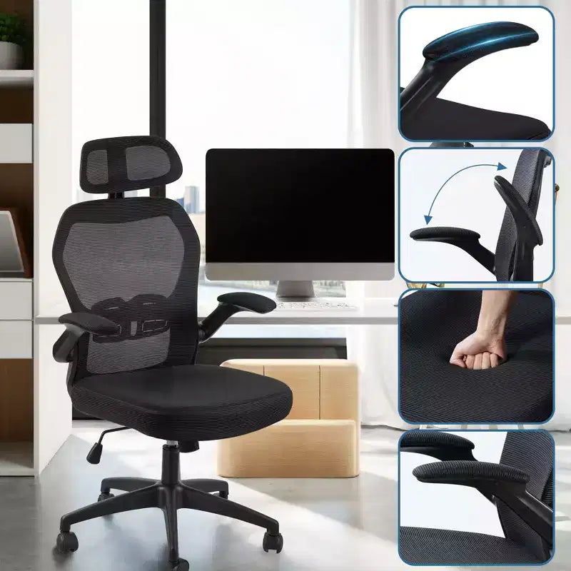 Chaise de bureau ergonomique en maille avec soutien lombaire réglable, accoudoirs relevables, appui-tête, capacité de 136 kg, pour bureau à domicile ou télétravail
