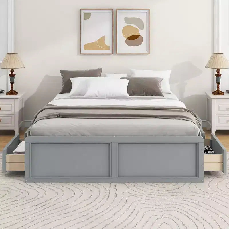 Lit plate-forme en bois Queen Size, cadre de lit avec 6 tiroirs