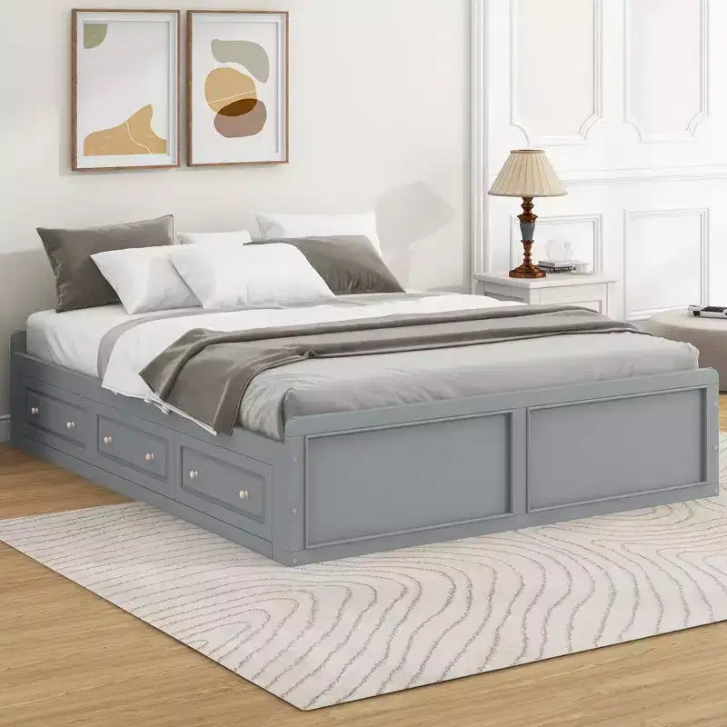 Lit plate-forme en bois Queen Size, cadre de lit avec 6 tiroirs
