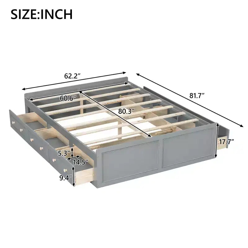 Lit plate-forme en bois Queen Size, cadre de lit avec 6 tiroirs