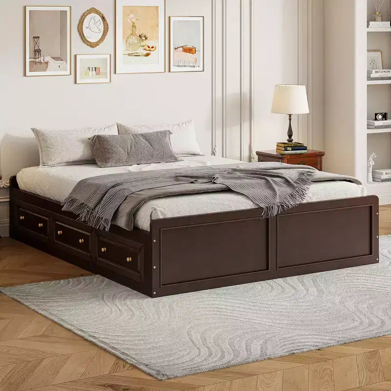 Lit plate-forme en bois Queen Size, cadre de lit avec 6 tiroirs