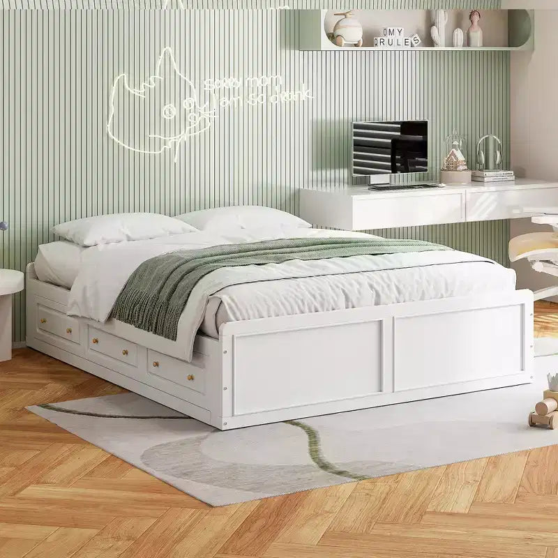 Lit plate-forme en bois Queen Size, cadre de lit avec 6 tiroirs