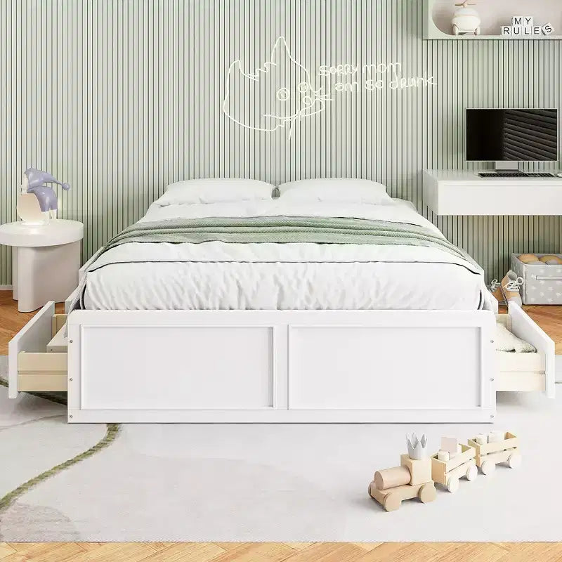 Lit plate-forme en bois Queen Size, cadre de lit avec 6 tiroirs