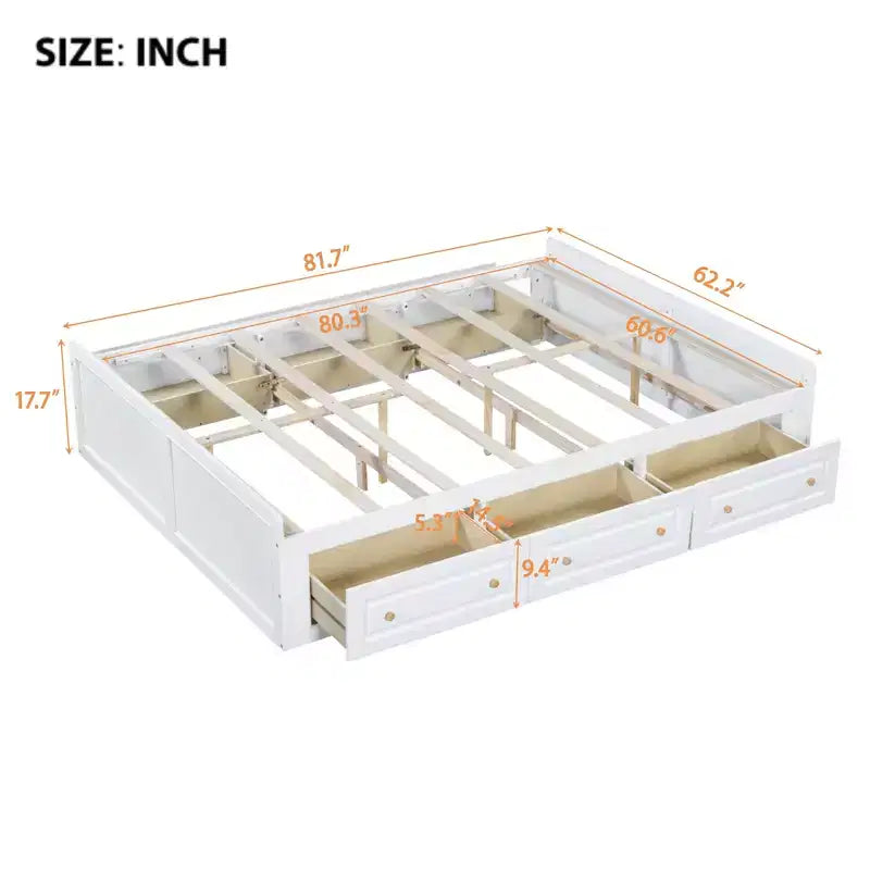Lit plate-forme en bois Queen Size, cadre de lit avec 6 tiroirs