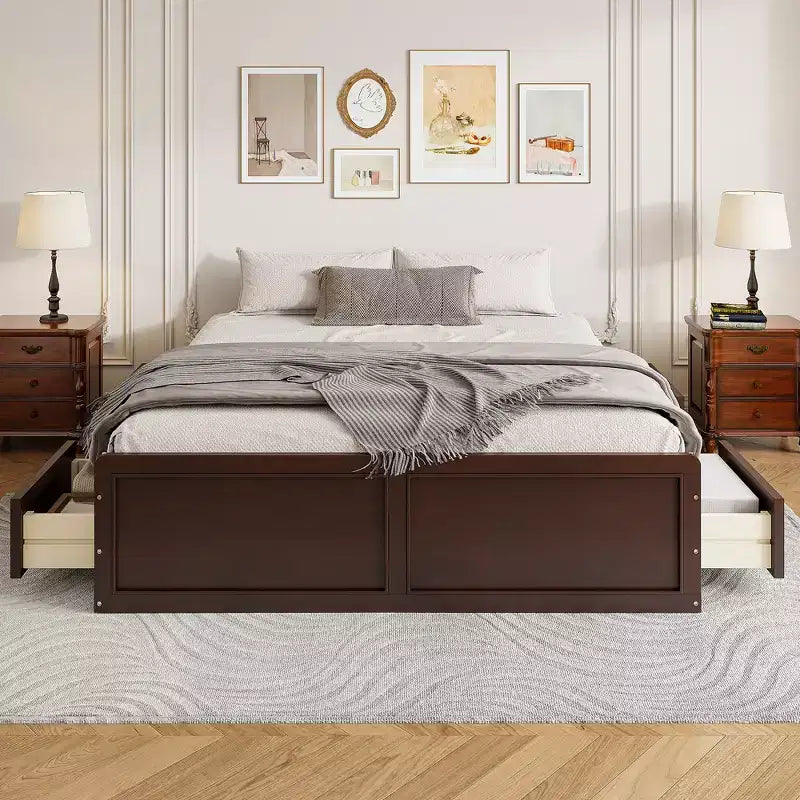 Lit plate-forme en bois Queen Size, cadre de lit avec 6 tiroirs