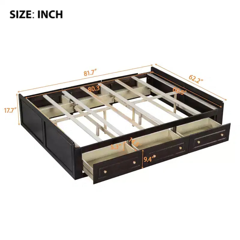 Lit plate-forme en bois Queen Size, cadre de lit avec 6 tiroirs