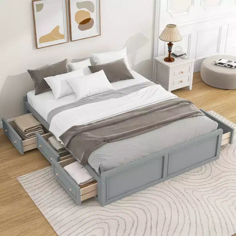 Lit plate-forme en bois Queen Size, cadre de lit avec 6 tiroirs