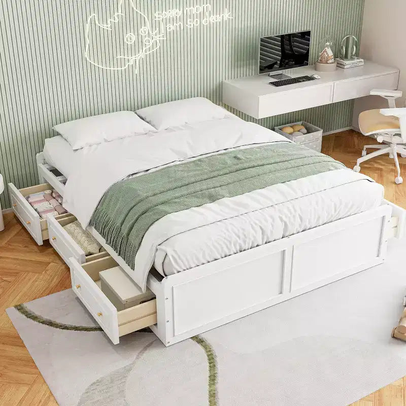 Lit plate-forme en bois Queen Size, cadre de lit avec 6 tiroirs