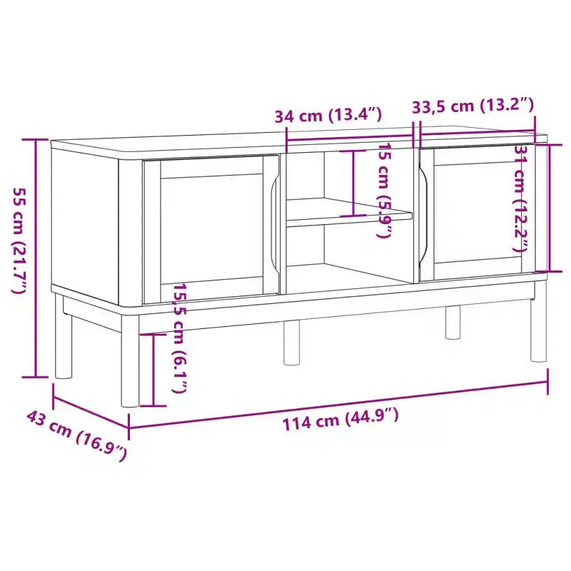 Meuble TV Floro - Bois de pin massif - Meuble moderne blanc - 114x43x55 cm - Convient aux téléviseurs de 51 à 60 pouces - Grand espace de rangement - Idéal pour le salon