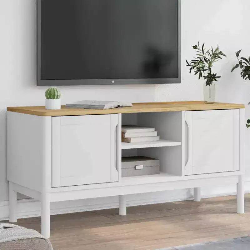Meuble TV Floro - Bois de pin massif - Meuble moderne blanc - 114x43x55 cm - Convient aux téléviseurs de 51 à 60 pouces - Grand espace de rangement - Idéal pour le salon