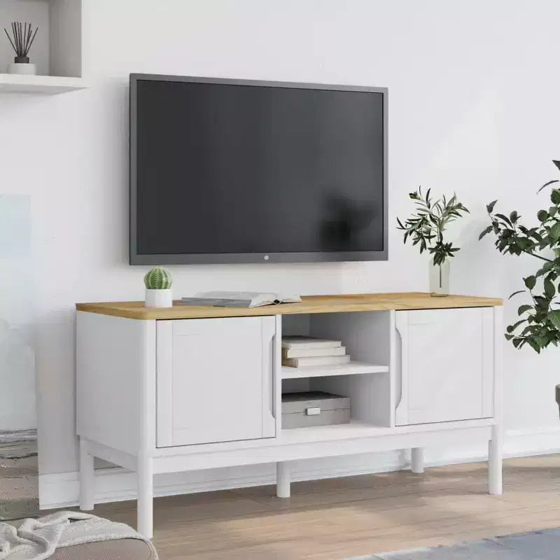 Meuble TV Floro - Bois de pin massif - Meuble moderne blanc - 114x43x55 cm - Convient aux téléviseurs de 51 à 60 pouces - Grand espace de rangement - Idéal pour le salon