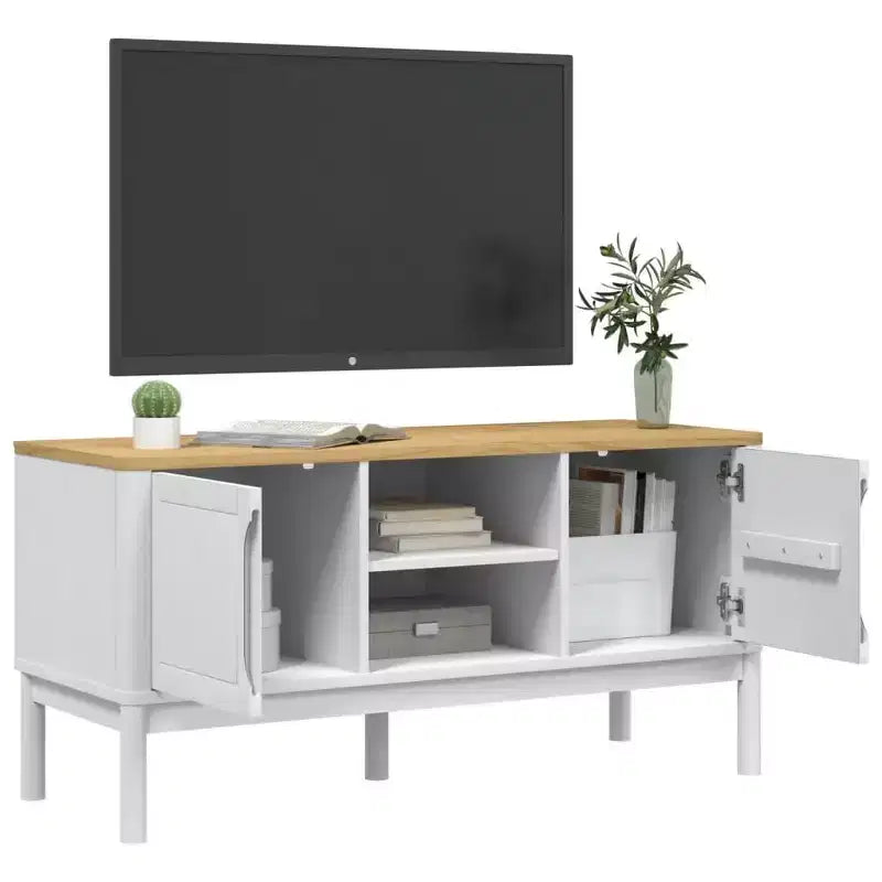 Meuble TV Floro - Bois de pin massif - Meuble moderne blanc - 114x43x55 cm - Convient aux téléviseurs de 51 à 60 pouces - Grand espace de rangement - Idéal pour le salon