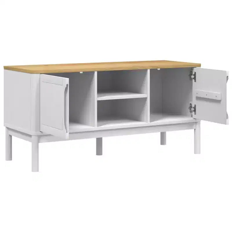 Meuble TV Floro - Bois de pin massif - Meuble moderne blanc - 114x43x55 cm - Convient aux téléviseurs de 51 à 60 pouces - Grand espace de rangement - Idéal pour le salon