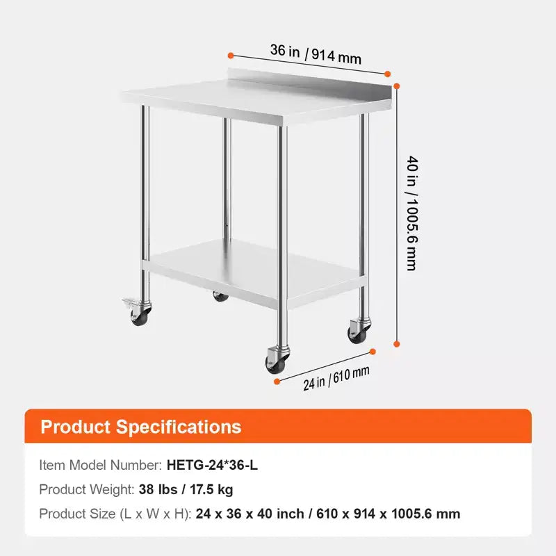 Table de travail en acier inoxydable de 24 x 36 x 40 pouces, table de préparation alimentaire commerciale avec roulettes, table de préparation robuste, table de travail en métal