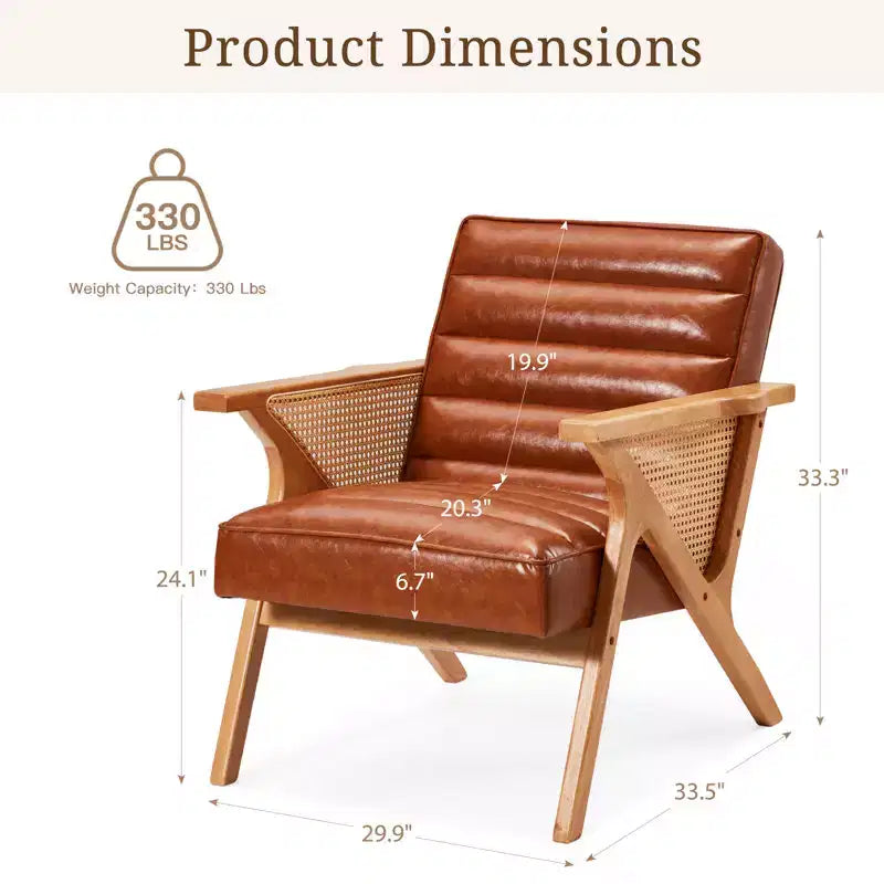 Fauteuil d'appoint moderne en cuir et rotin naturel, avec accoudoirs et cadre en bois massif