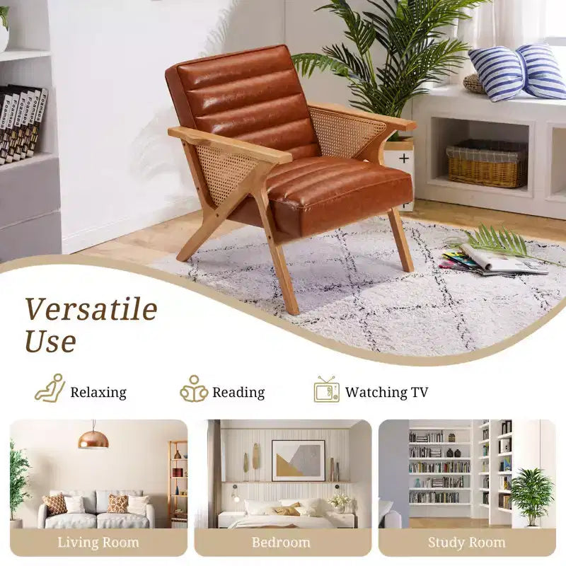 Fauteuil d'appoint moderne en cuir et rotin naturel, avec accoudoirs et cadre en bois massif