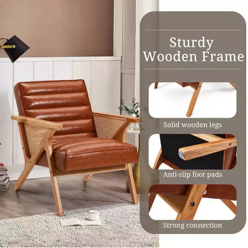 Fauteuil d'appoint moderne en cuir et rotin naturel, avec accoudoirs et cadre en bois massif