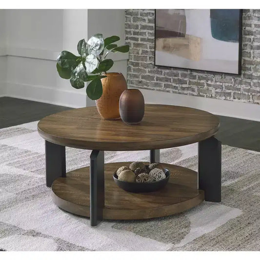 Table basse ronde bicolore Kraeburn à roulettes, marron