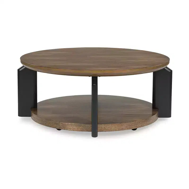 Table basse ronde bicolore Kraeburn à roulettes, marron