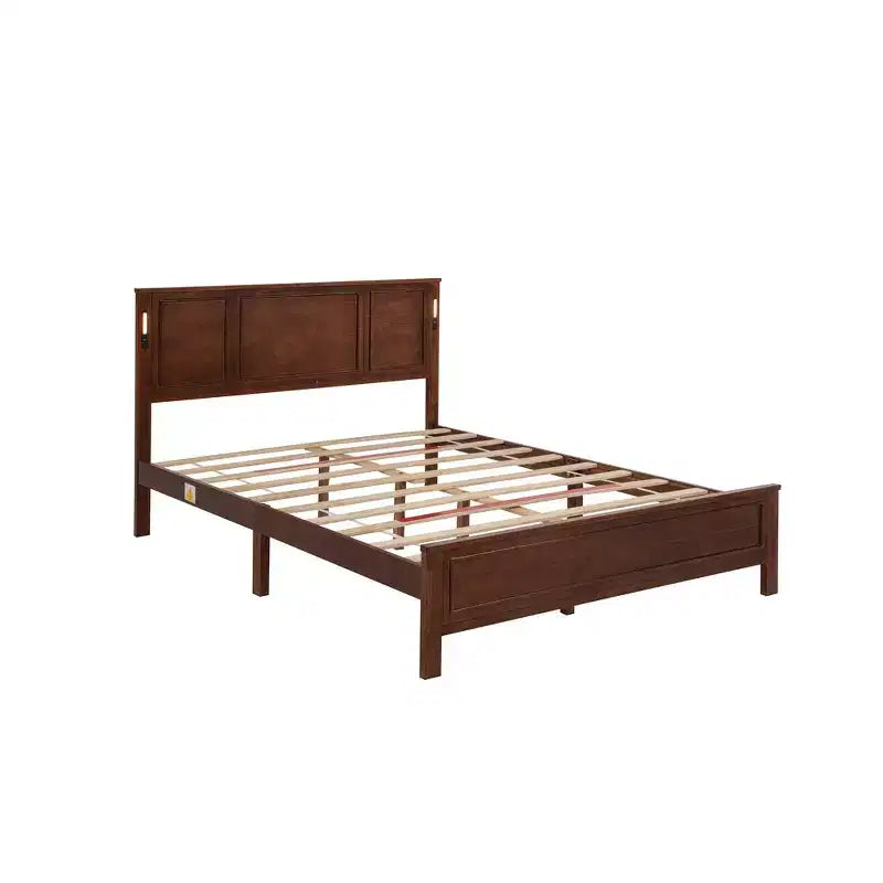 Lit Queen Size et cadre de lit avec tête et pied de lit à panneaux hauts, éclairage LED intégré, station de charge USB