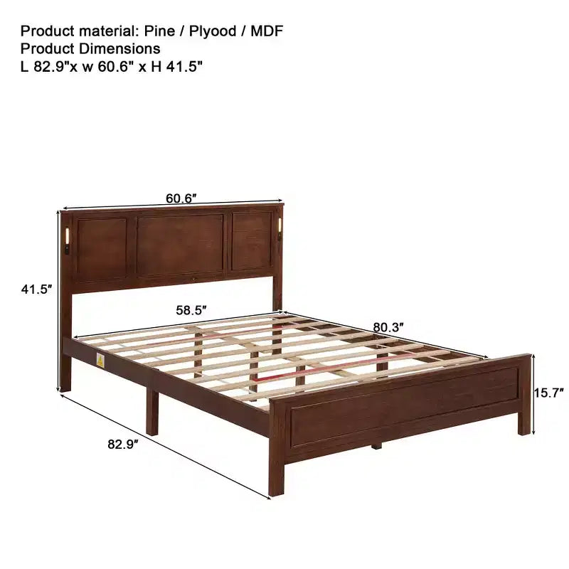 Lit Queen Size et cadre de lit avec tête et pied de lit à panneaux hauts, éclairage LED intégré, station de charge USB
