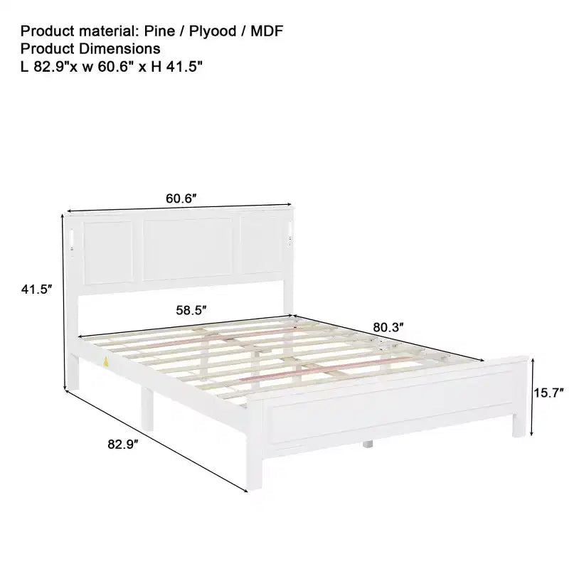 Lit Queen Size et cadre de lit avec tête et pied de lit à panneaux hauts, éclairage LED intégré, station de charge USB