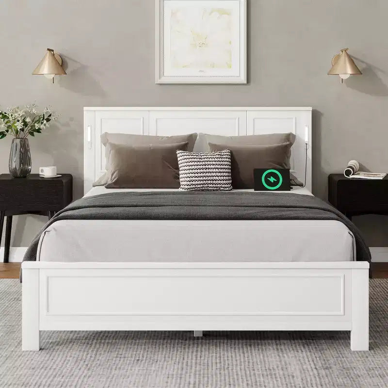 Lit Queen Size et cadre de lit avec tête et pied de lit à panneaux hauts, éclairage LED intégré, station de charge USB