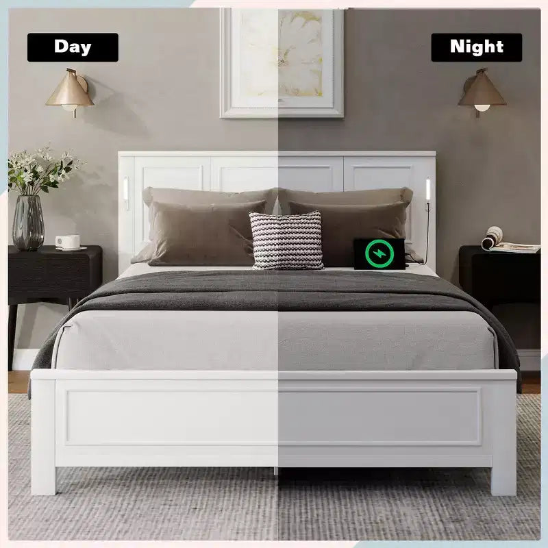Lit Queen Size et cadre de lit avec tête et pied de lit à panneaux hauts, éclairage LED intégré, station de charge USB