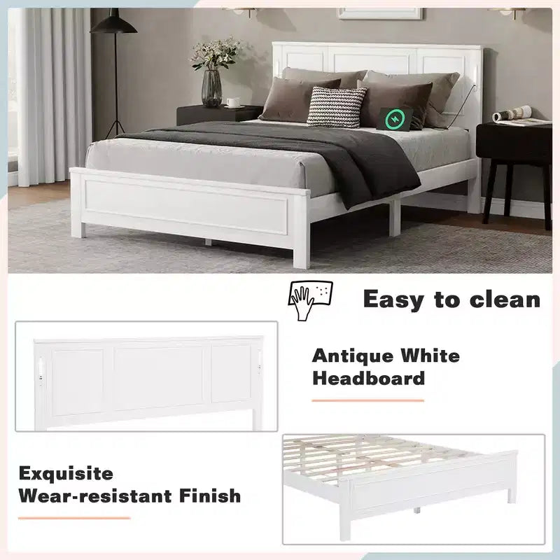 Lit Queen Size et cadre de lit avec tête et pied de lit à panneaux hauts, éclairage LED intégré, station de charge USB