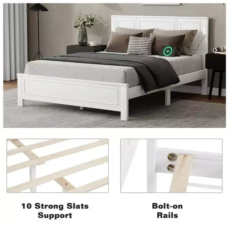 Lit Queen Size et cadre de lit avec tête et pied de lit à panneaux hauts, éclairage LED intégré, station de charge USB