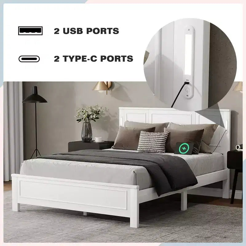 Lit Queen Size et cadre de lit avec tête et pied de lit à panneaux hauts, éclairage LED intégré, station de charge USB