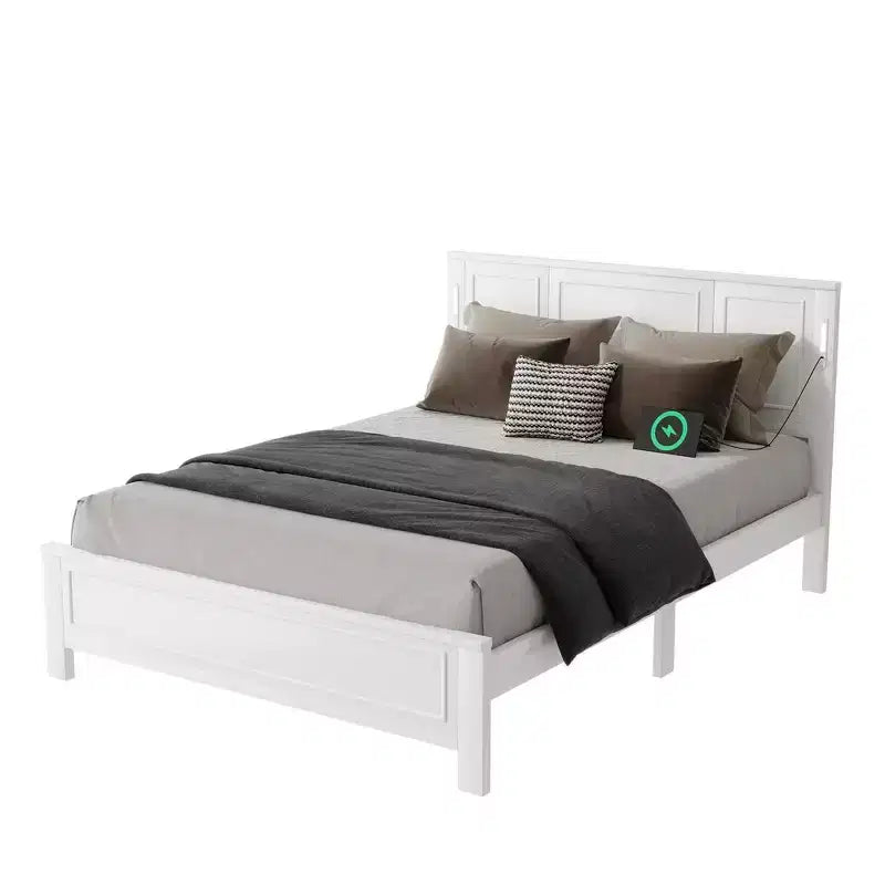 Lit Queen Size et cadre de lit avec tête et pied de lit à panneaux hauts, éclairage LED intégré, station de charge USB