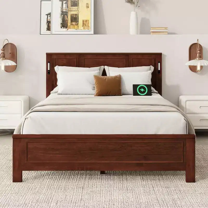 Lit Queen Size et cadre de lit avec tête et pied de lit à panneaux hauts, éclairage LED intégré, station de charge USB