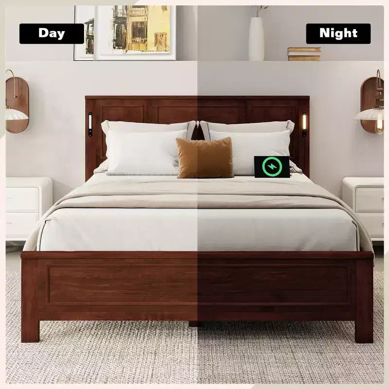 Lit Queen Size et cadre de lit avec tête et pied de lit à panneaux hauts, éclairage LED intégré, station de charge USB