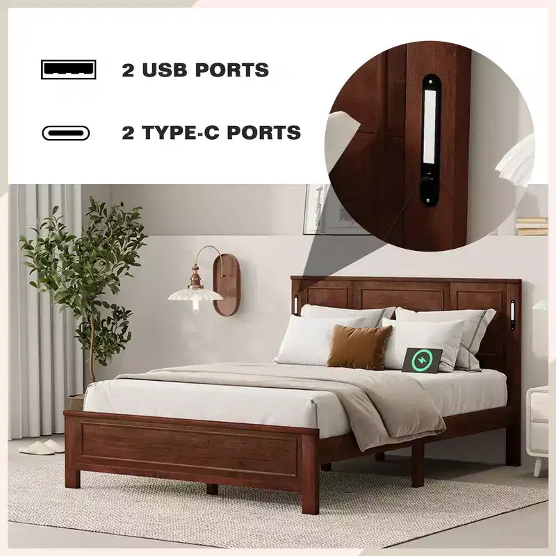 Lit Queen Size et cadre de lit avec tête et pied de lit à panneaux hauts, éclairage LED intégré, station de charge USB