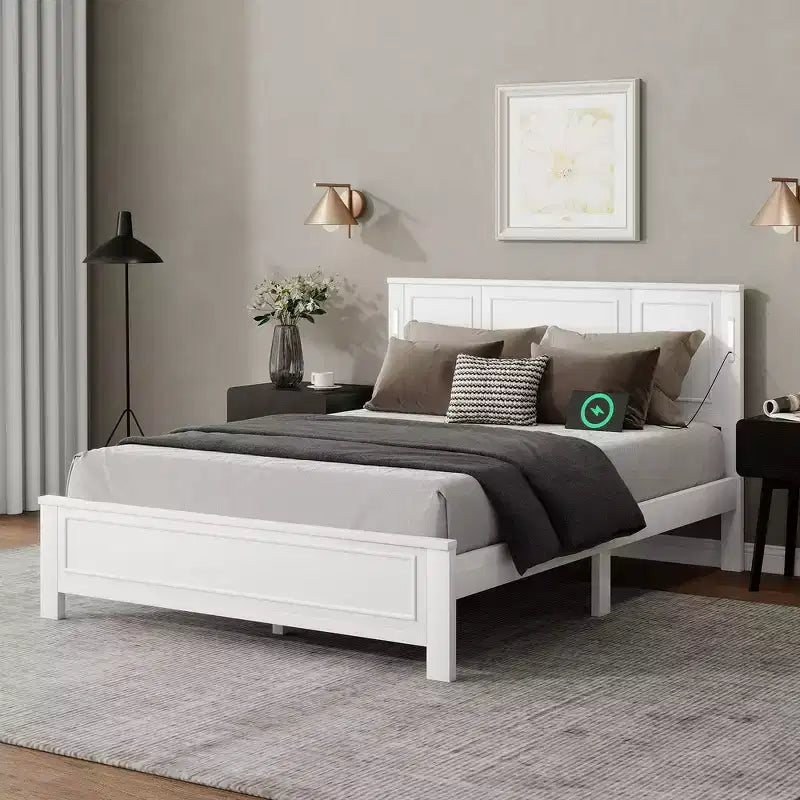 Lit Queen Size et cadre de lit avec tête et pied de lit à panneaux hauts, éclairage LED intégré, station de charge USB