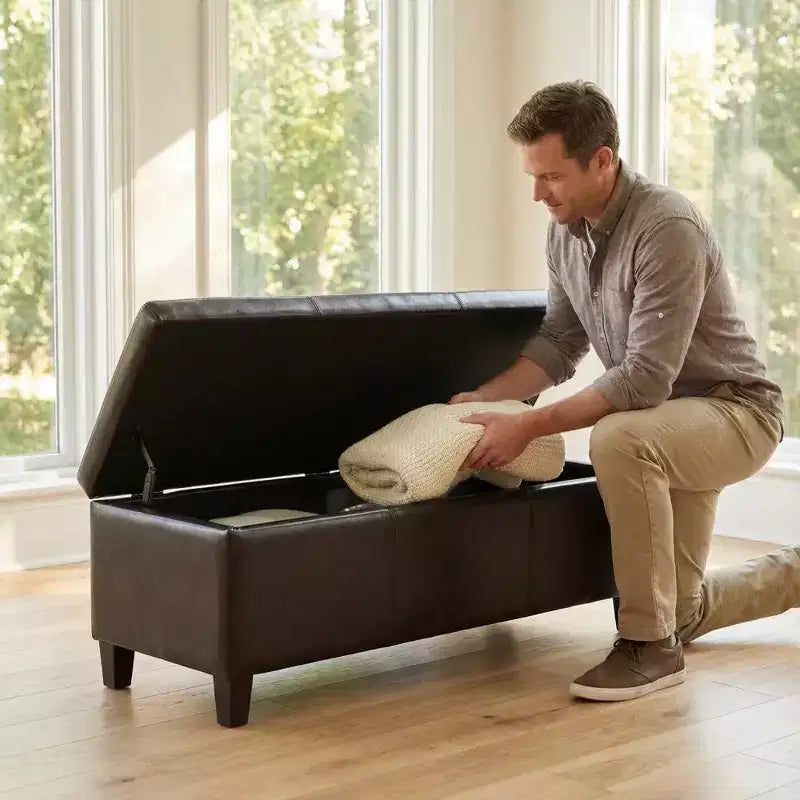 Banc Ottoman de Rangement Rectangulaire 50,25" en Similicuir Marron Vieilli, Dessus Relevable