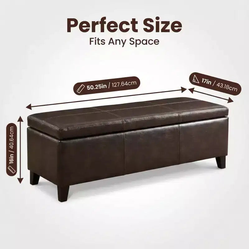 Banc Ottoman de Rangement Rectangulaire 50,25" en Similicuir Marron Vieilli, Dessus Relevable