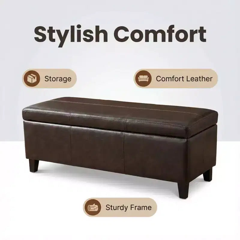 Banc Ottoman de Rangement Rectangulaire 50,25" en Similicuir Marron Vieilli, Dessus Relevable