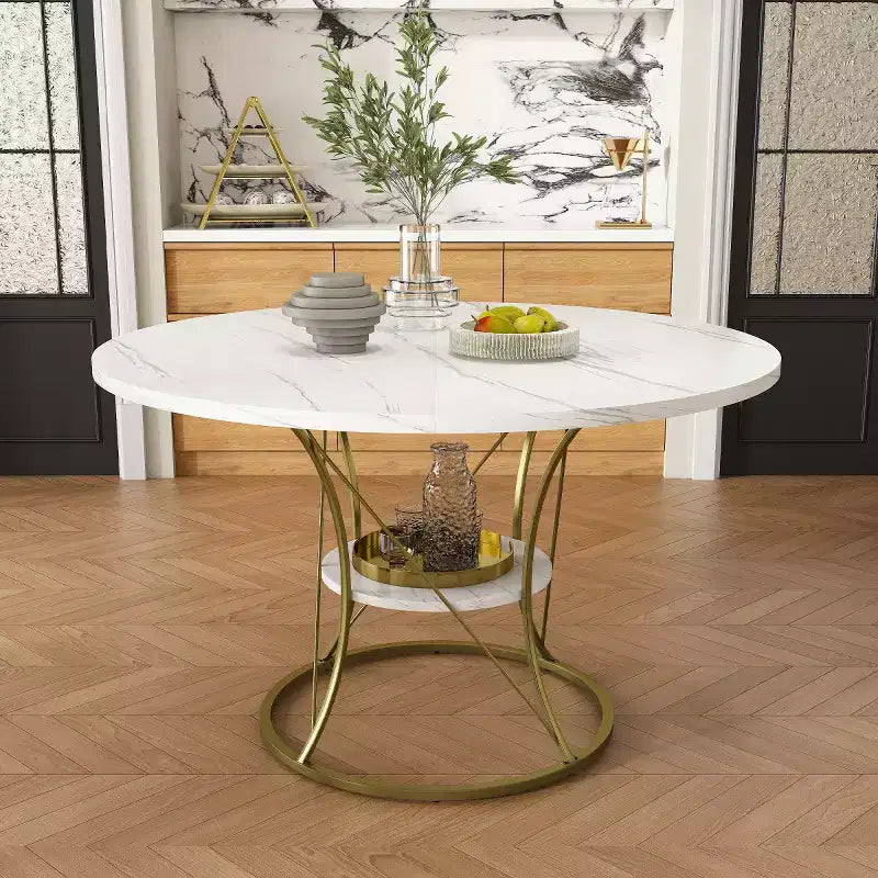 4359 Table à manger ronde extensible pour 4-6 personnes, table de cuisine avec étagère de rangement et base en métal pour salle à manger