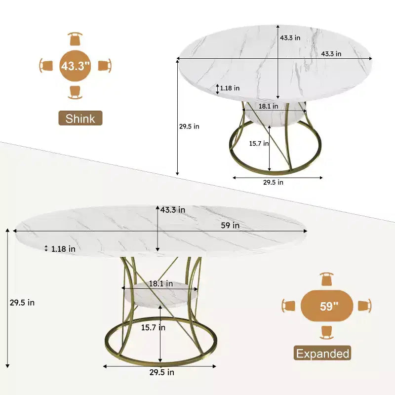 4359 Table à manger ronde extensible pour 4-6 personnes, table de cuisine avec étagère de rangement et base en métal pour salle à manger