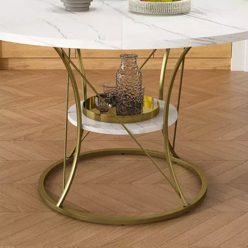4359 Table à manger ronde extensible pour 4-6 personnes, table de cuisine avec étagère de rangement et base en métal pour salle à manger