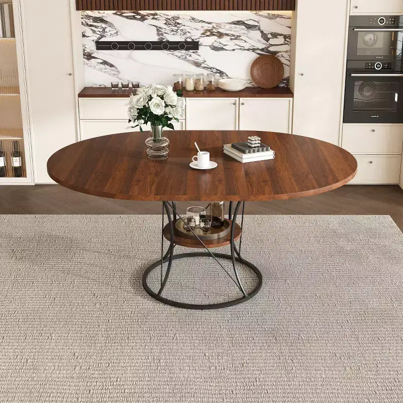 4359 Table à manger ronde extensible pour 4-6 personnes, table de cuisine avec étagère de rangement et base en métal pour salle à manger