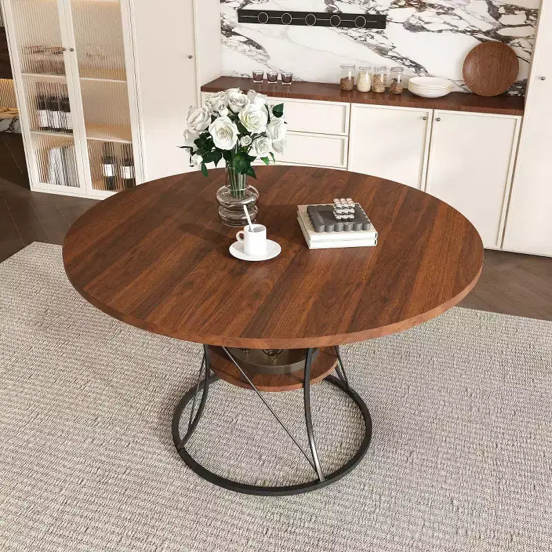 4359 Table à manger ronde extensible pour 4-6 personnes, table de cuisine avec étagère de rangement et base en métal pour salle à manger