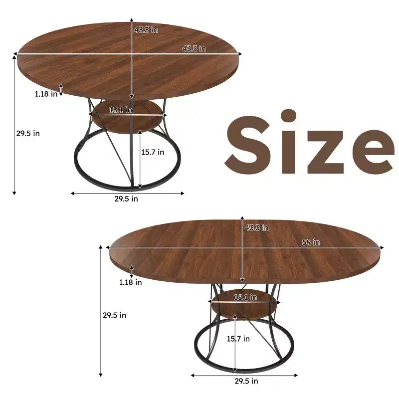 4359 Table à manger ronde extensible pour 4-6 personnes, table de cuisine avec étagère de rangement et base en métal pour salle à manger